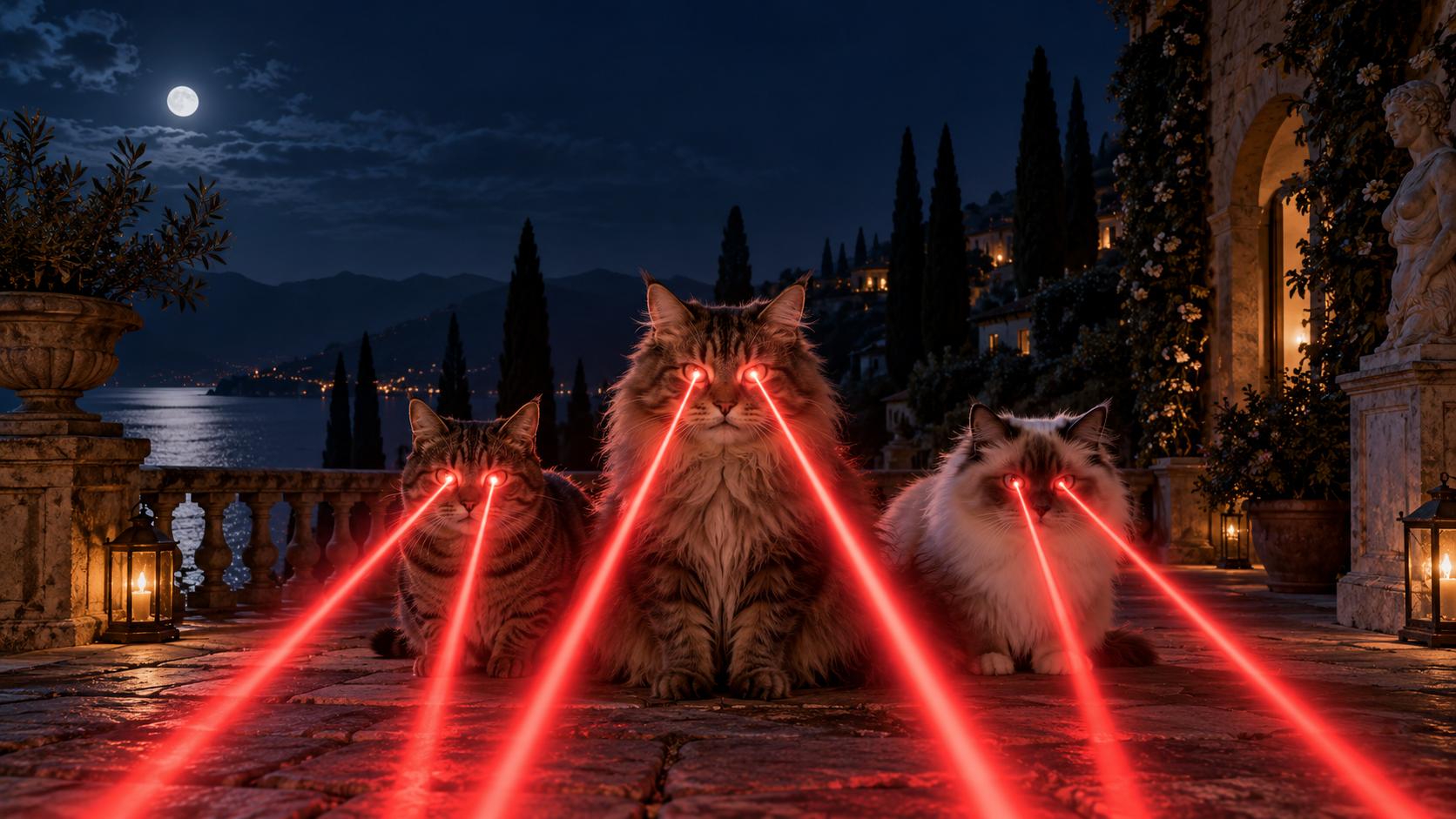Drei animierte Katzen schießen auf einer italienischen Terrasse rote Laserstrahlen aus ihren Augen